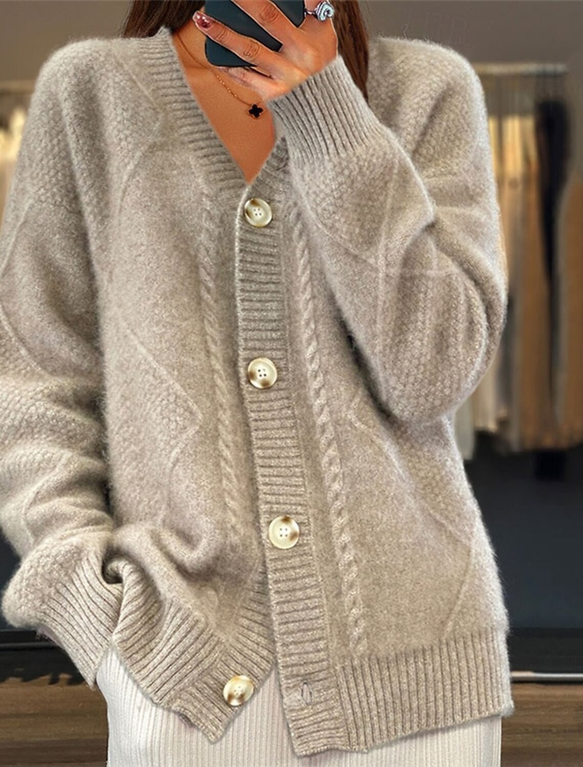 Women V Neck Cable Knit Cardig - Down Jacket Packable ulasan dan harga